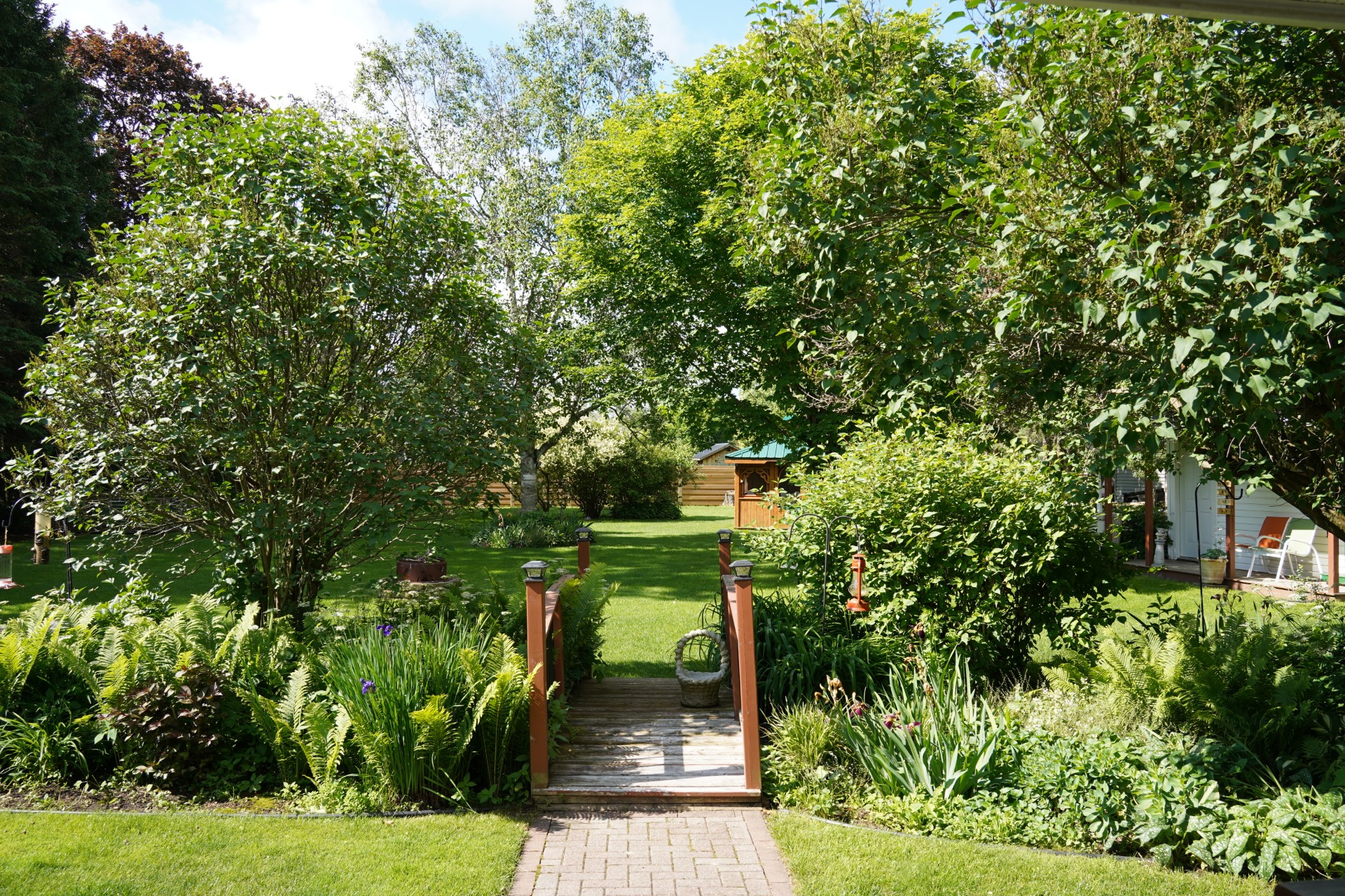 Lush backyard garden with restored perennial beds and a paver path leading to a small wooden bridge
